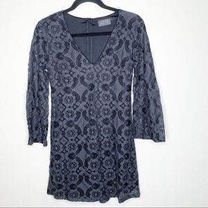 ASTR Gray Black Floral Lace Bell Sleeve Mini Shift Dress Cocktail Sexy Size XS